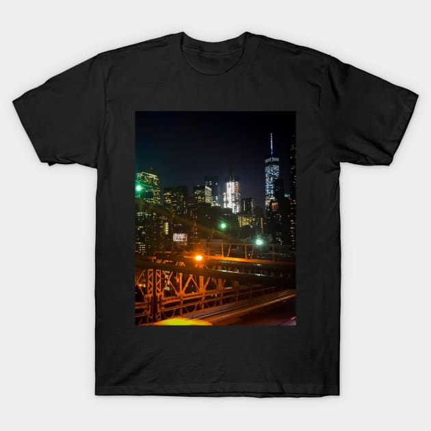 Manhattan Skyline, Night, Brooklyn Bridge, NYC T-Shirt by eleonoraingrid